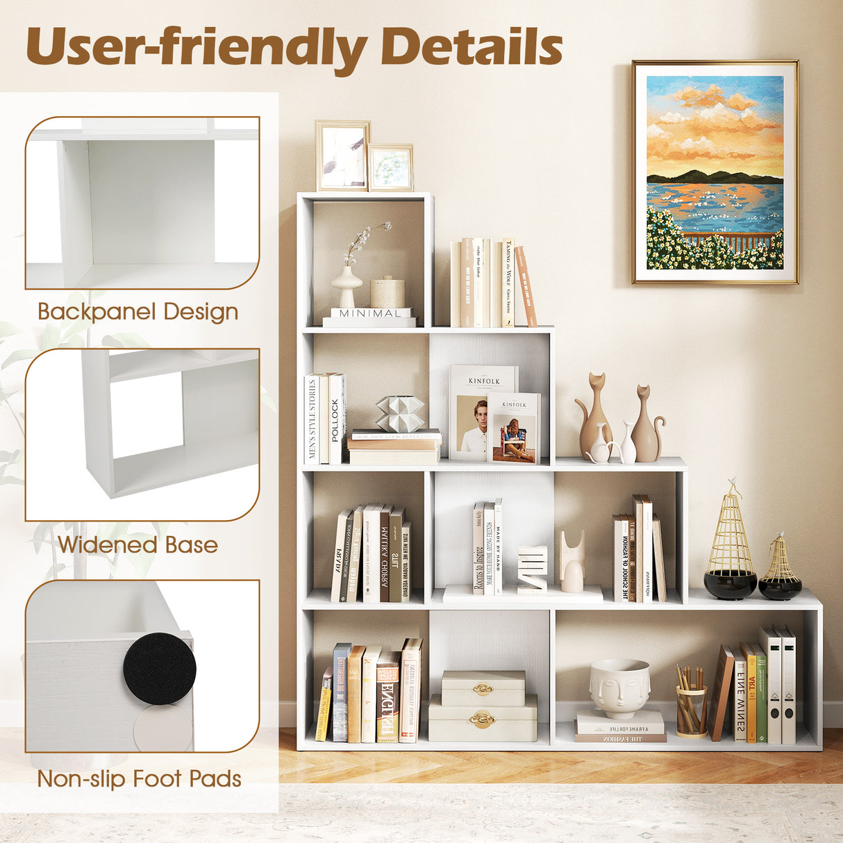 4-Tier Bookshelf Stair Bookcase with 6 Cubes Display Rack-White