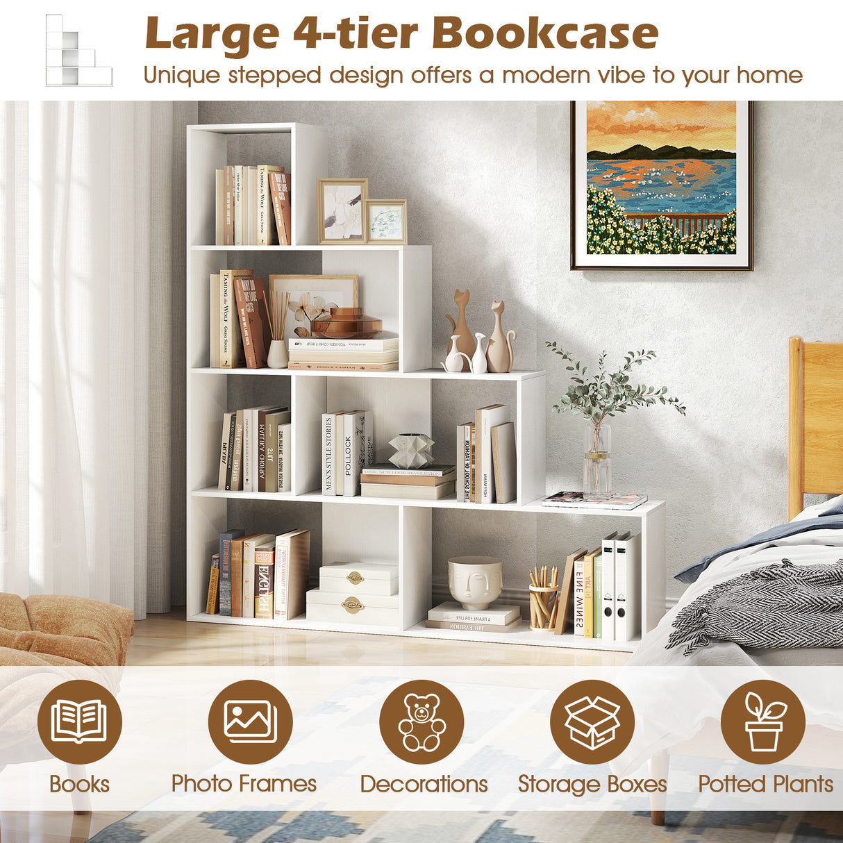 4-Tier Bookshelf Stair Bookcase with 6 Cubes Display Rack-White