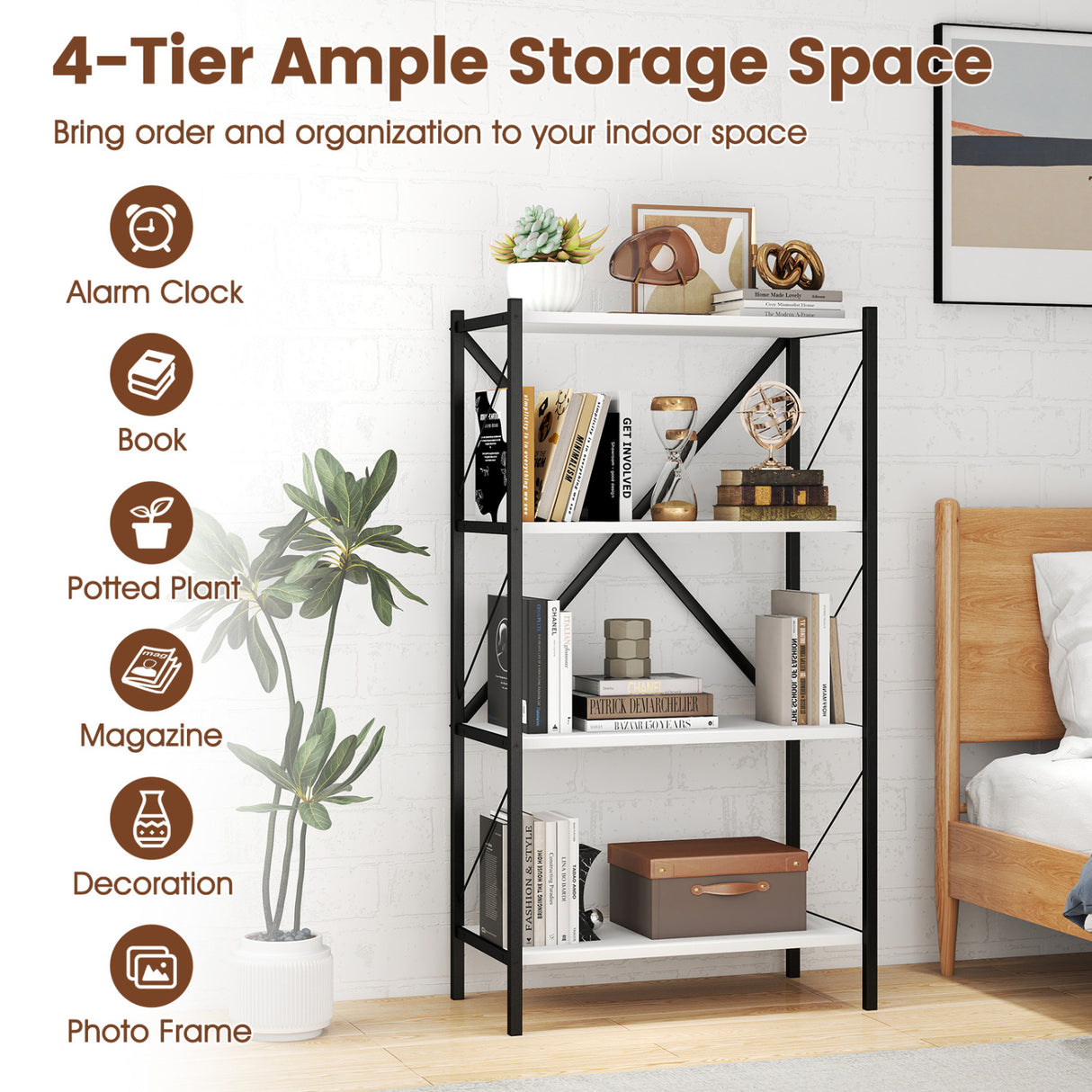 4-Tier Bookshelf with Heavy-Duty Metal Frame-White