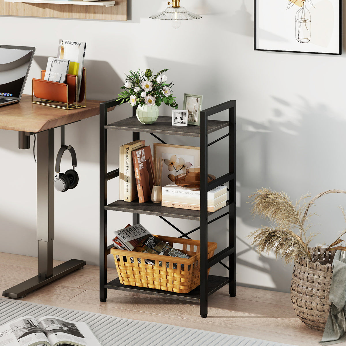 4-Tier Bookshelf with Metal Frame and Wooden Storage Racks for Study-Oak