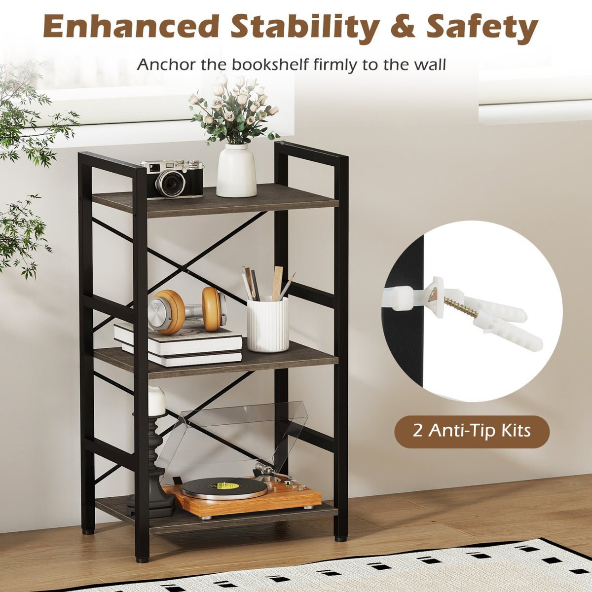 4-Tier Bookshelf with Metal Frame and Wooden Storage Racks for Study-Oak