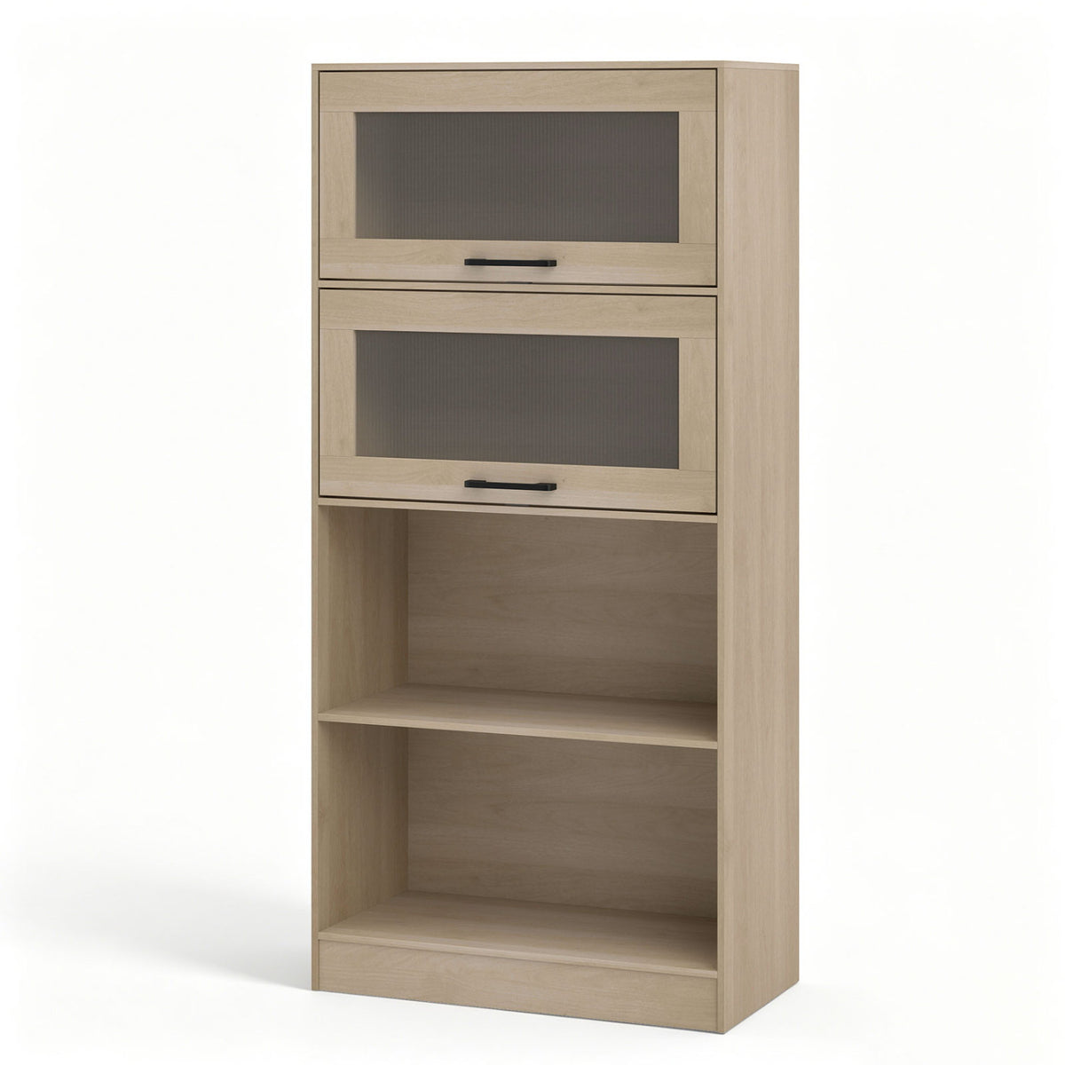 4-Tier Bookshelf with Storage Cabinets and Open Compartments-Natural