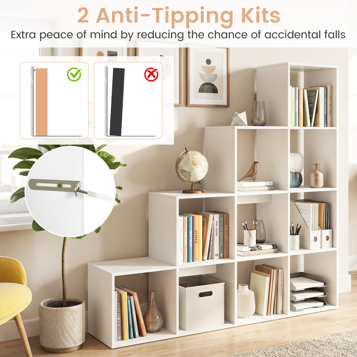 4-Tier Bookshelf with 2 Anti-Tipping Kits for Home Office-White