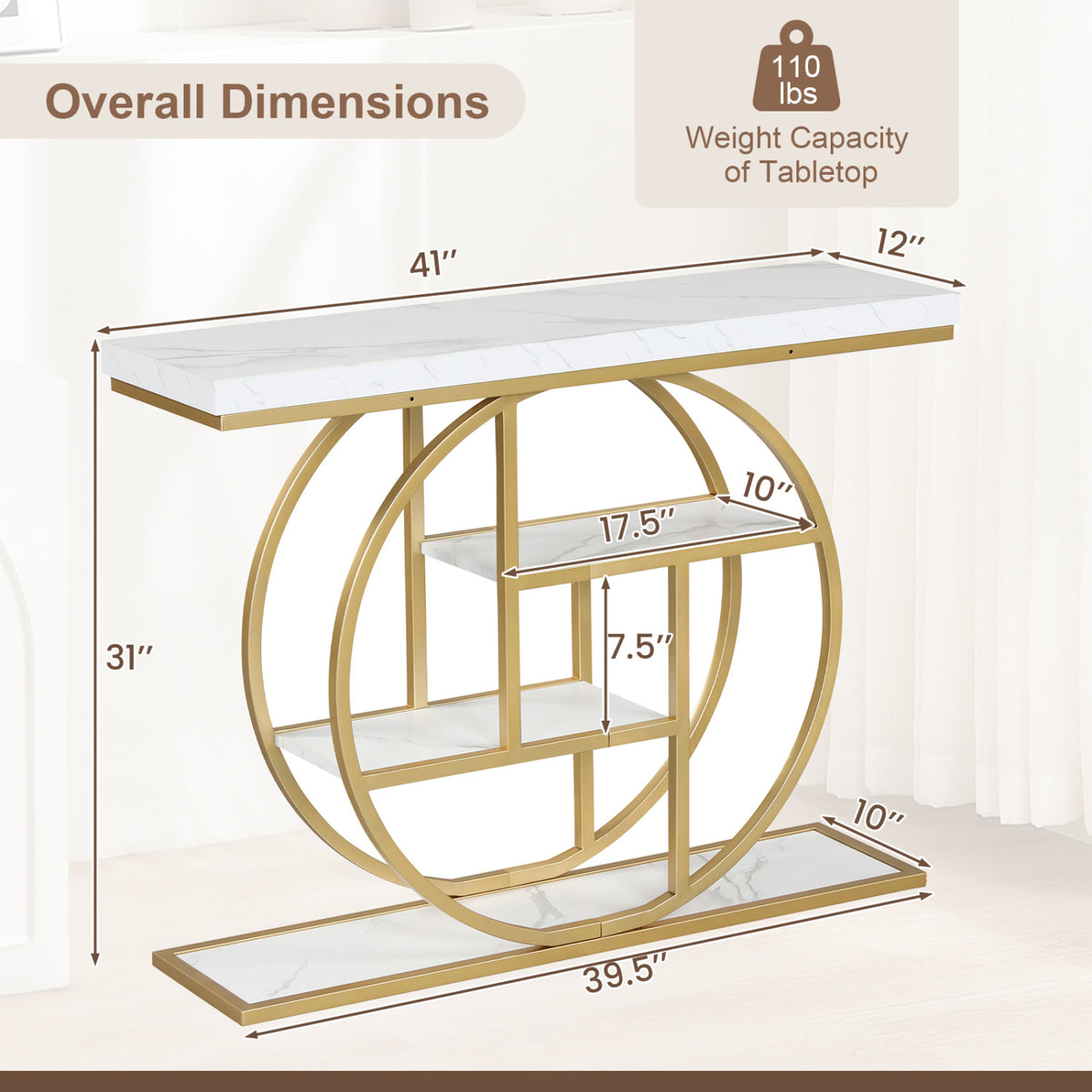 4-Tier Console Table 41 Inches Entryway Table with Storage Shelves-White