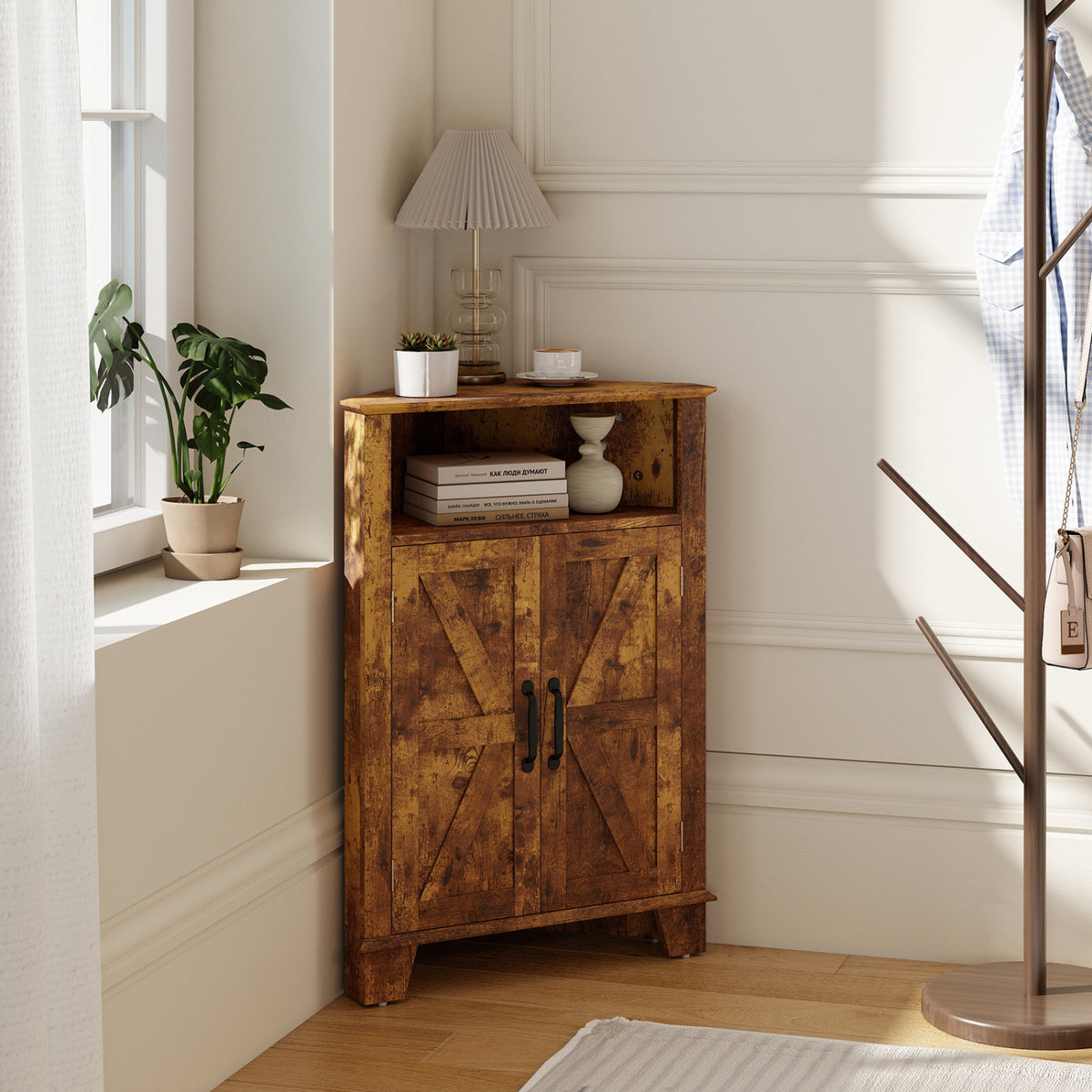4-Tier Corner Storage Cabinet with Open Shelf-RusticBrown