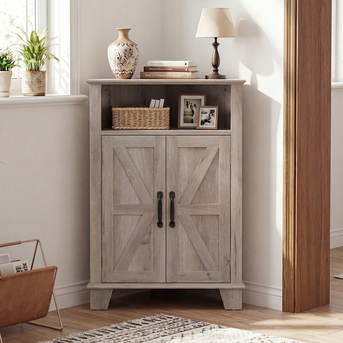 4-Tier Corner Storage Cabinet with Open Shelf-Gray