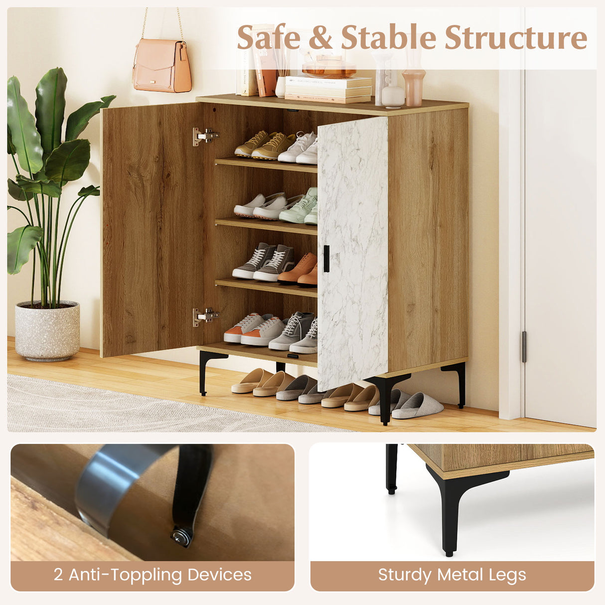 4 Tier Farmhouse Shoe Storage Cabinet with Removable Shelves and Metal Legs-Oak