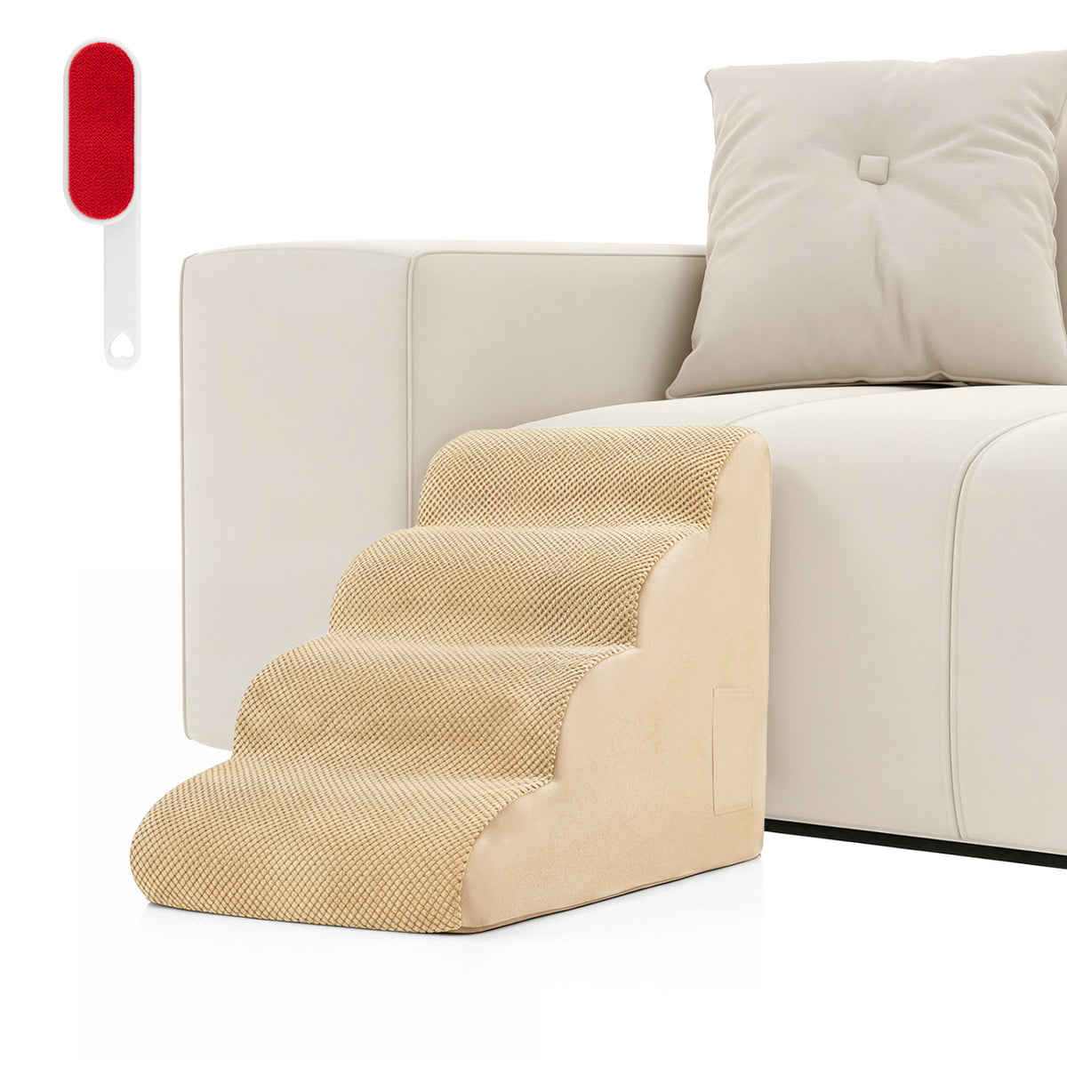4-Tier Foam Non-Slip Dog Steps with Washable Zippered Cover and Brush-Beige