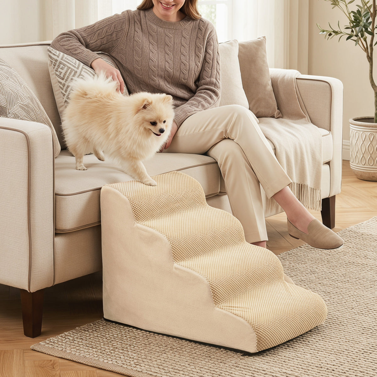 4-Tier Foam Non-Slip Dog Steps with Washable Zippered Cover and Brush-Beige
