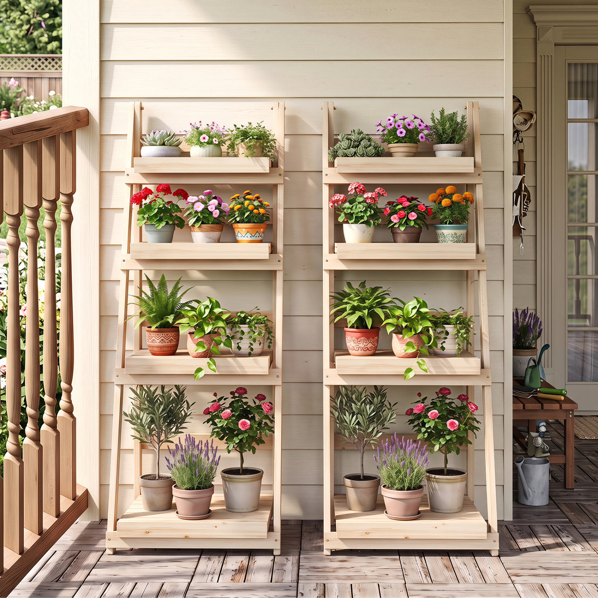 4-Tier Foldable Plant Stand with Slatted Shelves for Garden-Natural
