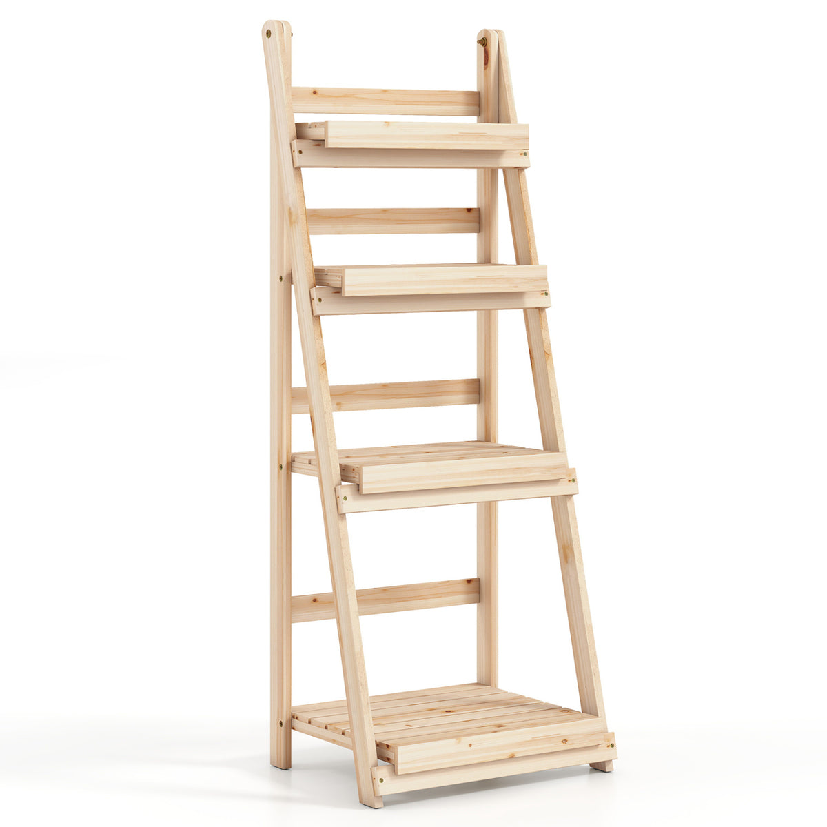 4-Tier Foldable Plant Stand with Slatted Shelves for Garden-Natural