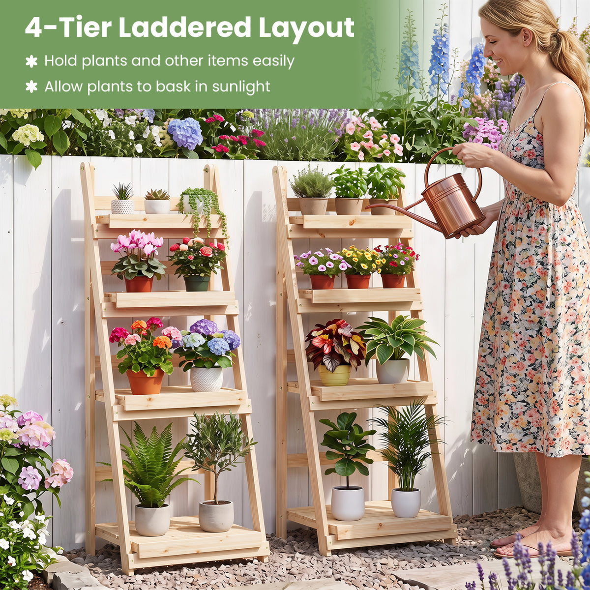 4-Tier Foldable Plant Stand with Slatted Shelves for Garden-Natural