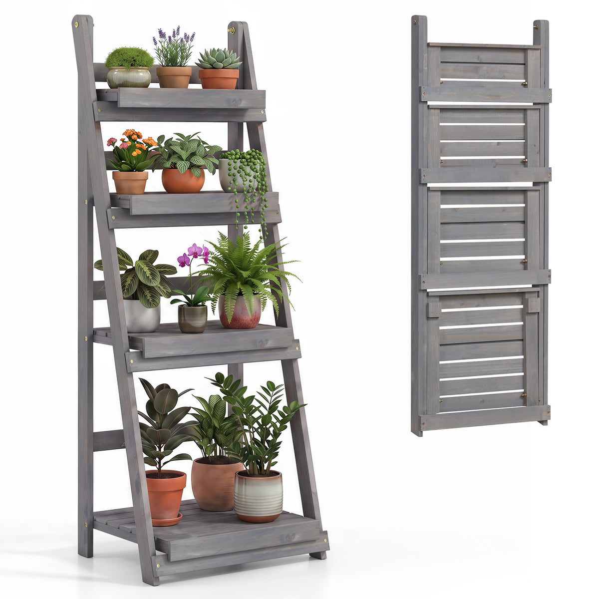 4-Tier Foldable Plant Stand with Slatted Shelves for Garden-Gray
