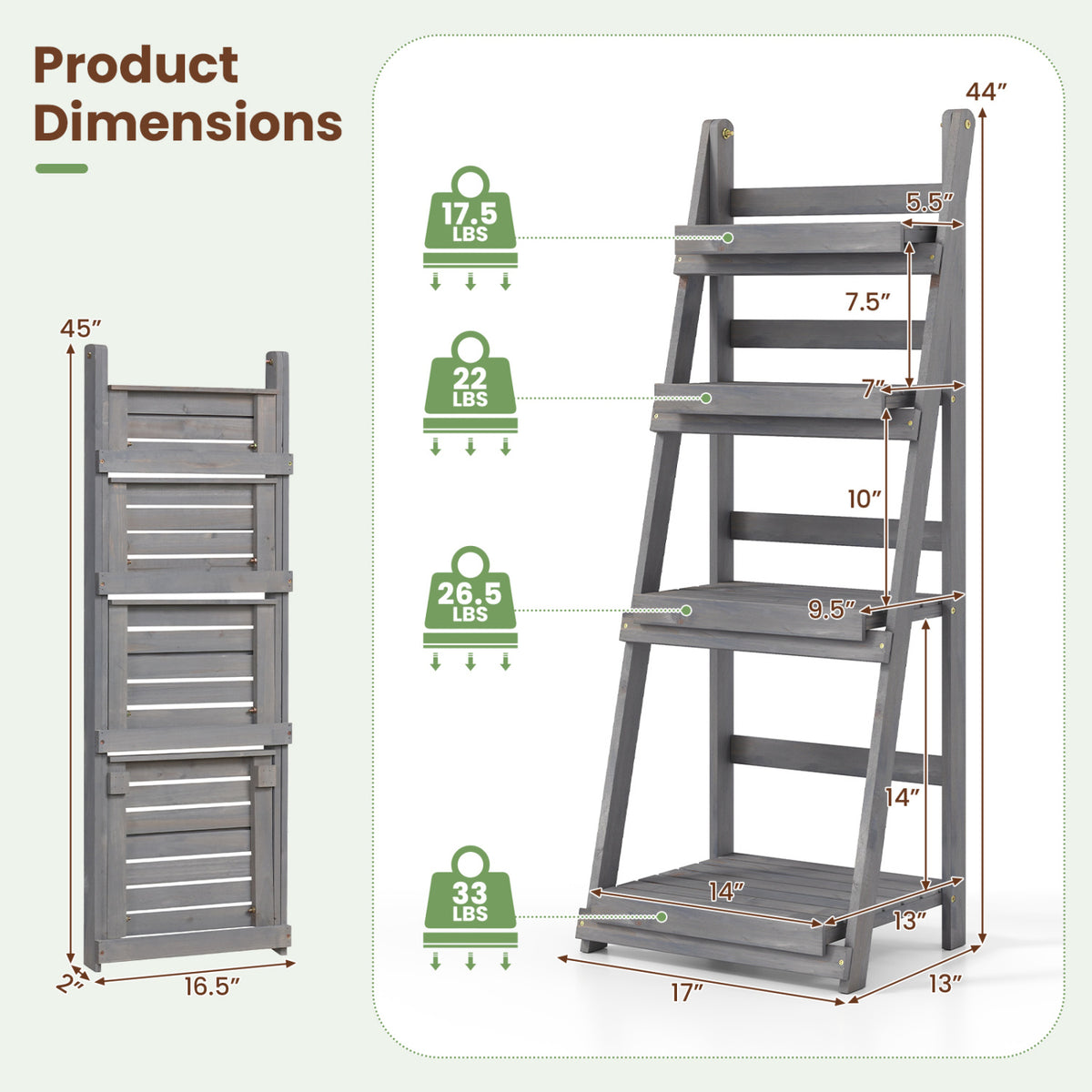 4-Tier Foldable Plant Stand with Slatted Shelves for Garden-Gray
