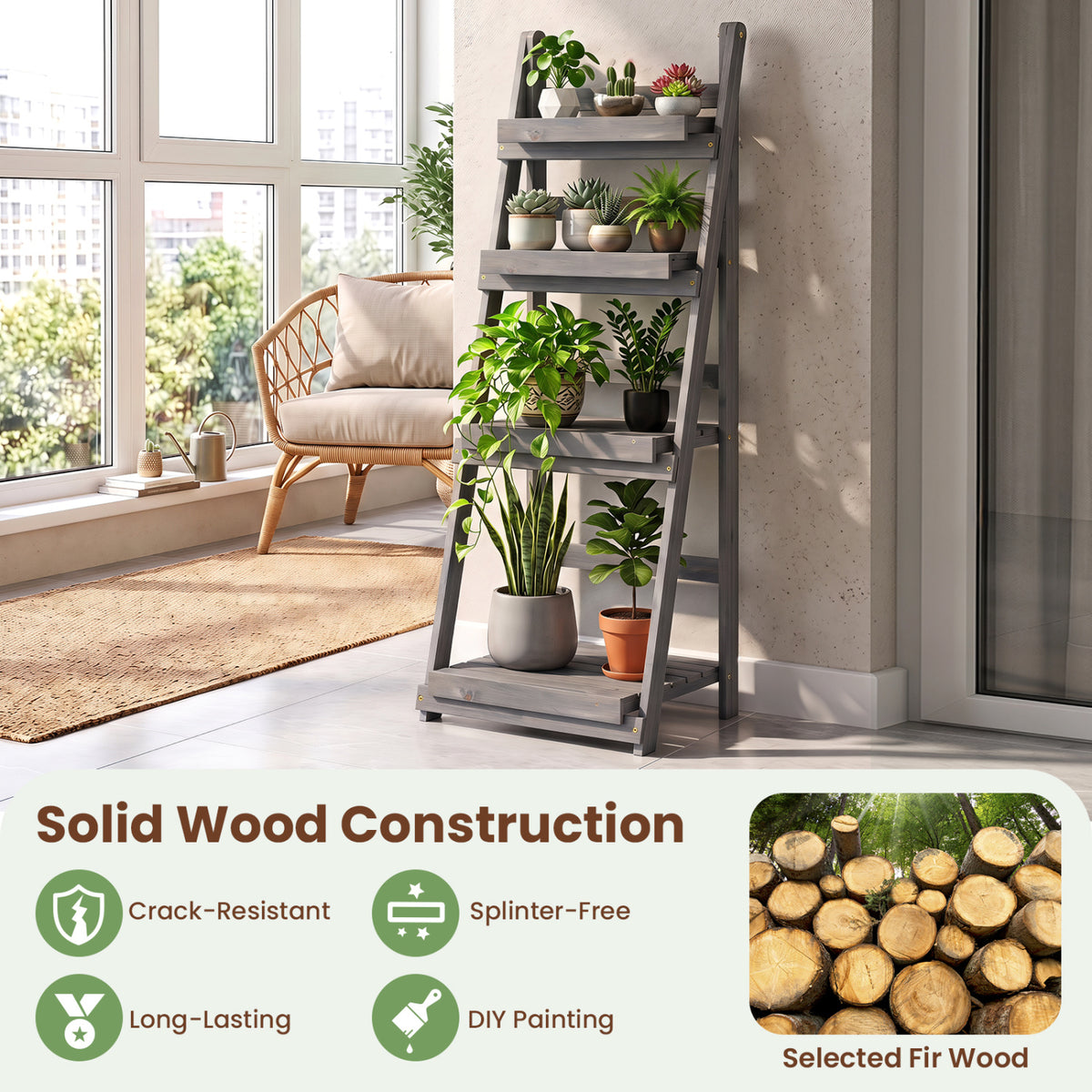 4-Tier Foldable Plant Stand with Slatted Shelves for Garden-Gray