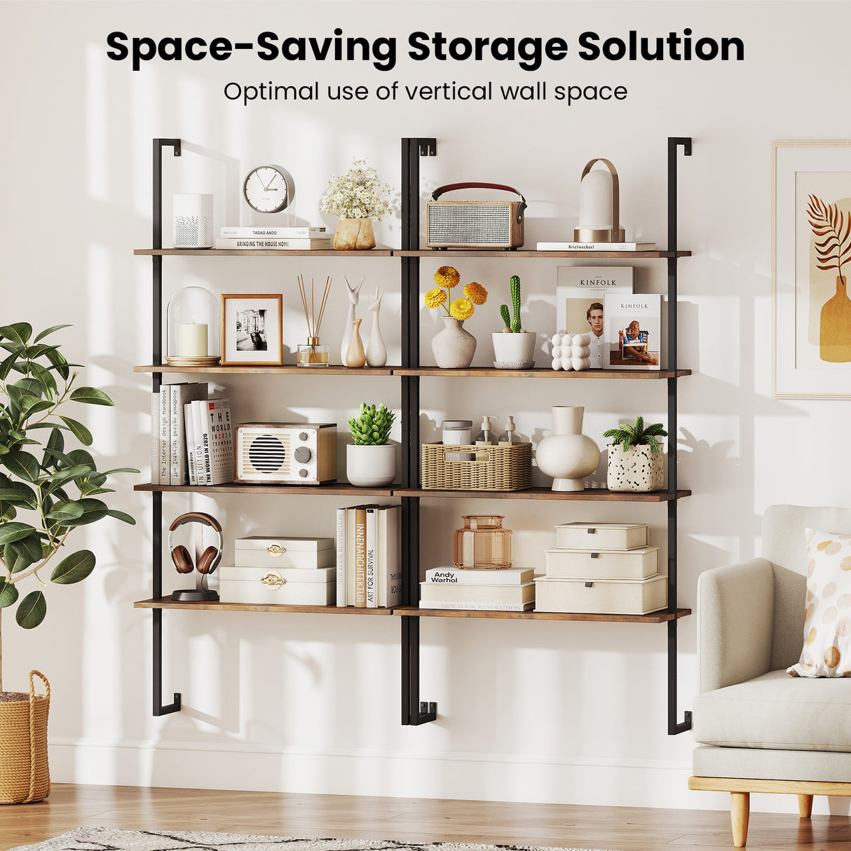 4-Tier Industrial Ladder Bookshelf with Metal Frame-Coffee
