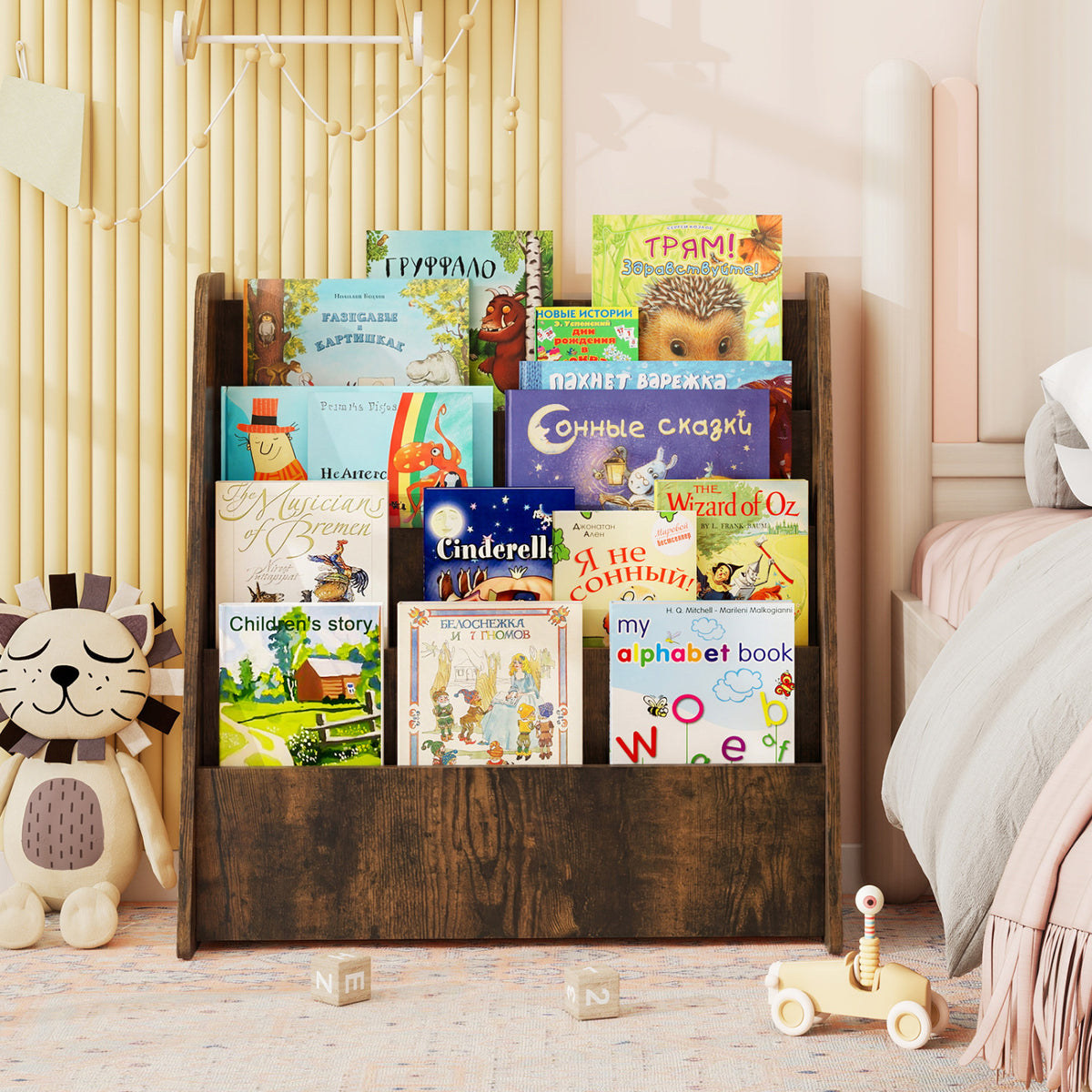 4-Tier Kids Bookshelf with Deep Compartments for Bedroom-Rustic brown