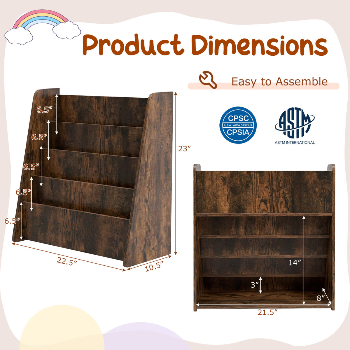 4-Tier Kids Bookshelf with Deep Compartments for Bedroom-Rustic brown