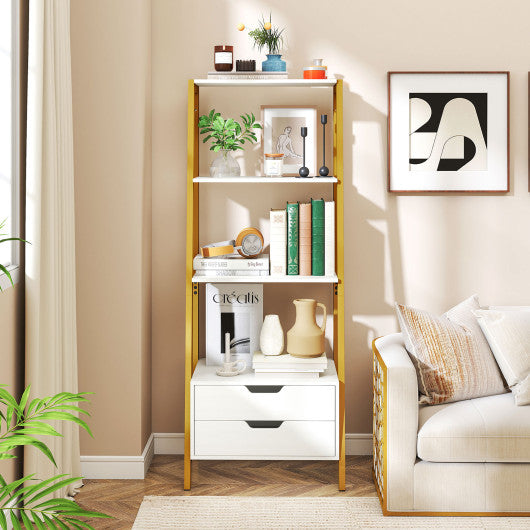 4-Tier Ladder Shelf with 2 Drawers 52.5 Inch Tall Freestanding Bookcase-White