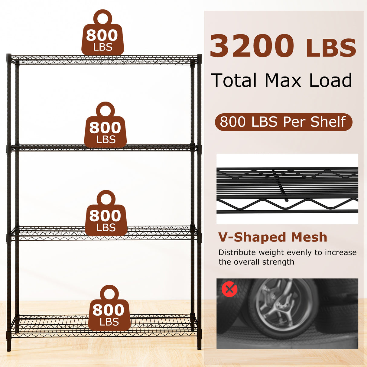 4-Tier Metal Storage Shelving Unit with V-Shaped Wire Rack-Black