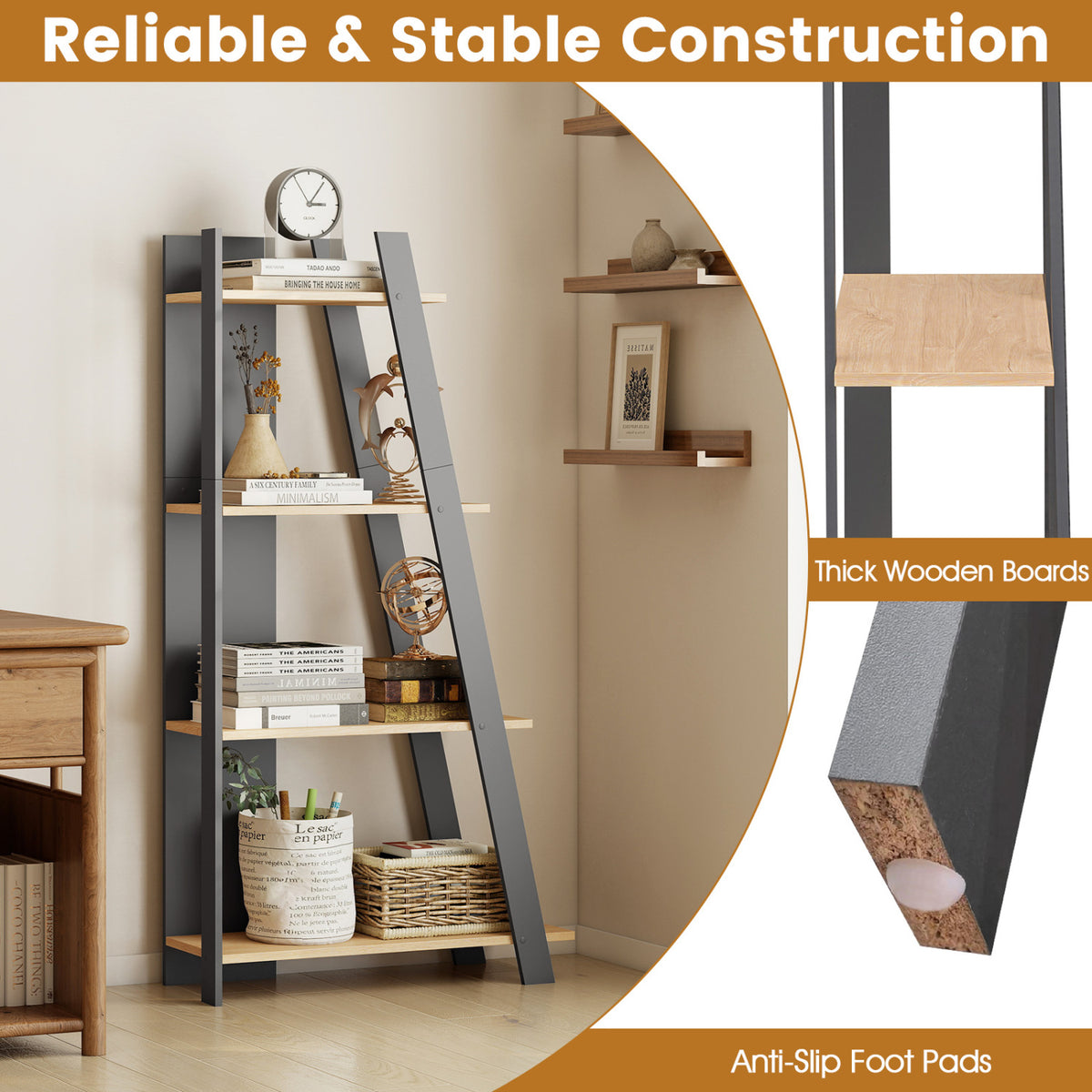 4-Tier Modern Bookshelf Wooden Vertical Display Book Shelf for Small Space-Oak