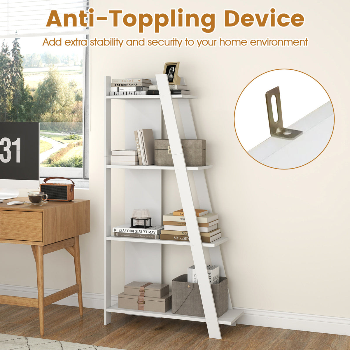 4-Tier Modern Bookshelf Wooden Vertical Display Book Shelf for Small Space-White