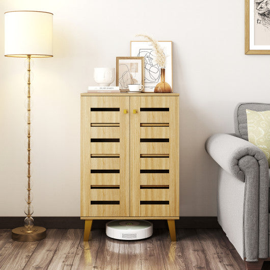 4-Tier Modern Freestanding  Wooden Shoe Cabinet with Doors and Removable Shelves-Oak