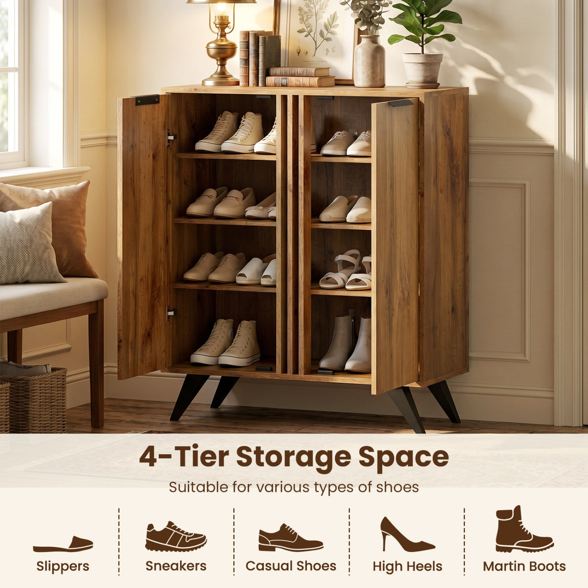 4-Tier Modern Freestanding Hidden Shoe Cabinet with 2 Doors-Natural