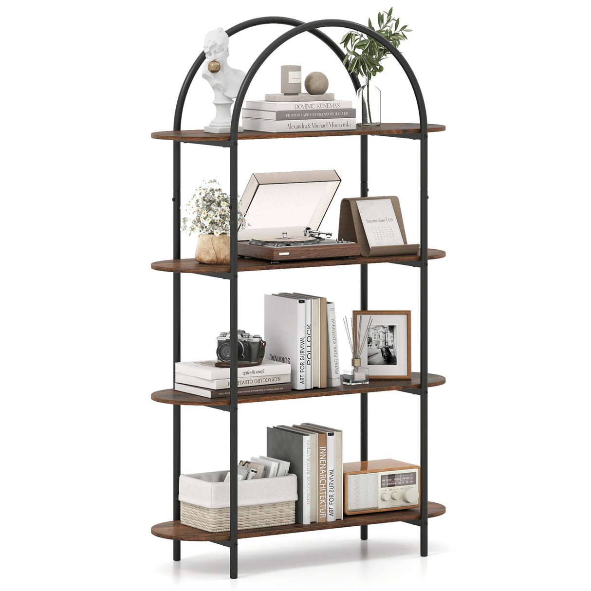 4-Tier Open Bookcase with Sturdy Metal Frame for Living Room-Rustic Brown