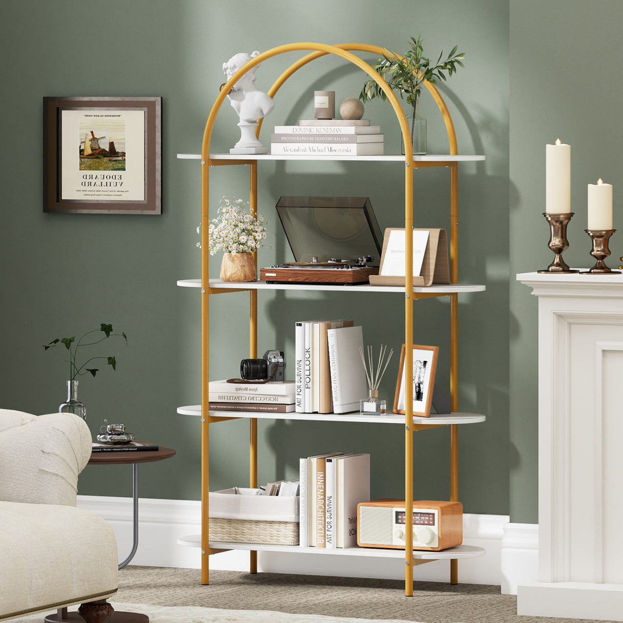 4-Tier Open Bookcase with Sturdy Metal Frame for Living Room-White & Golden