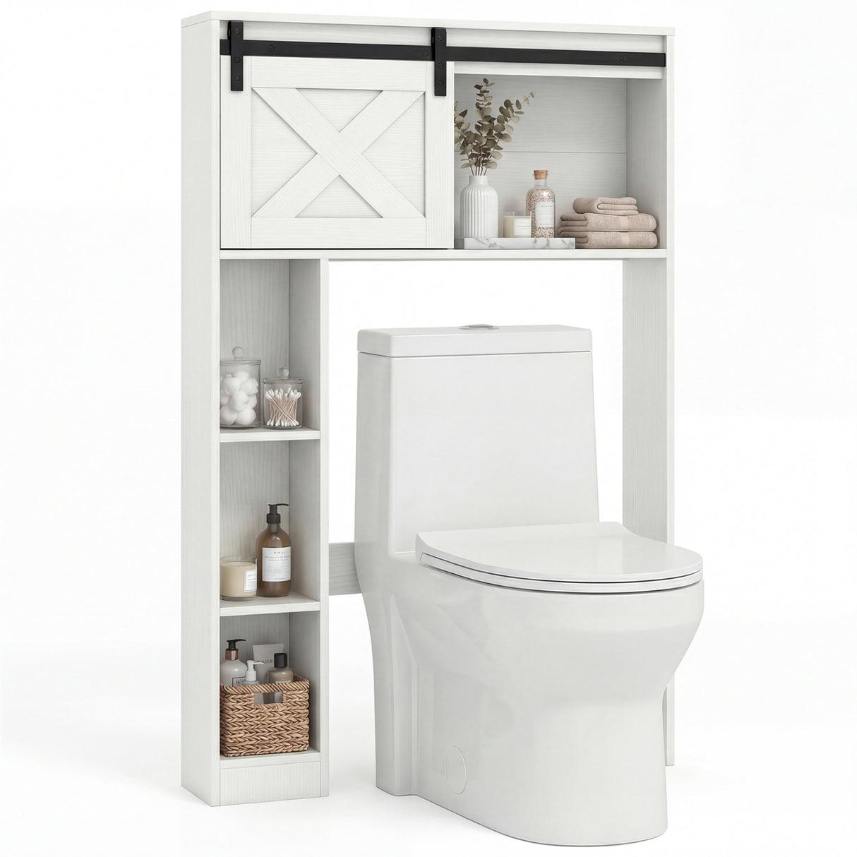 4-Tier Over The Toilet Storage Cabinet with Sliding Barn Door and Storage Shelves-White