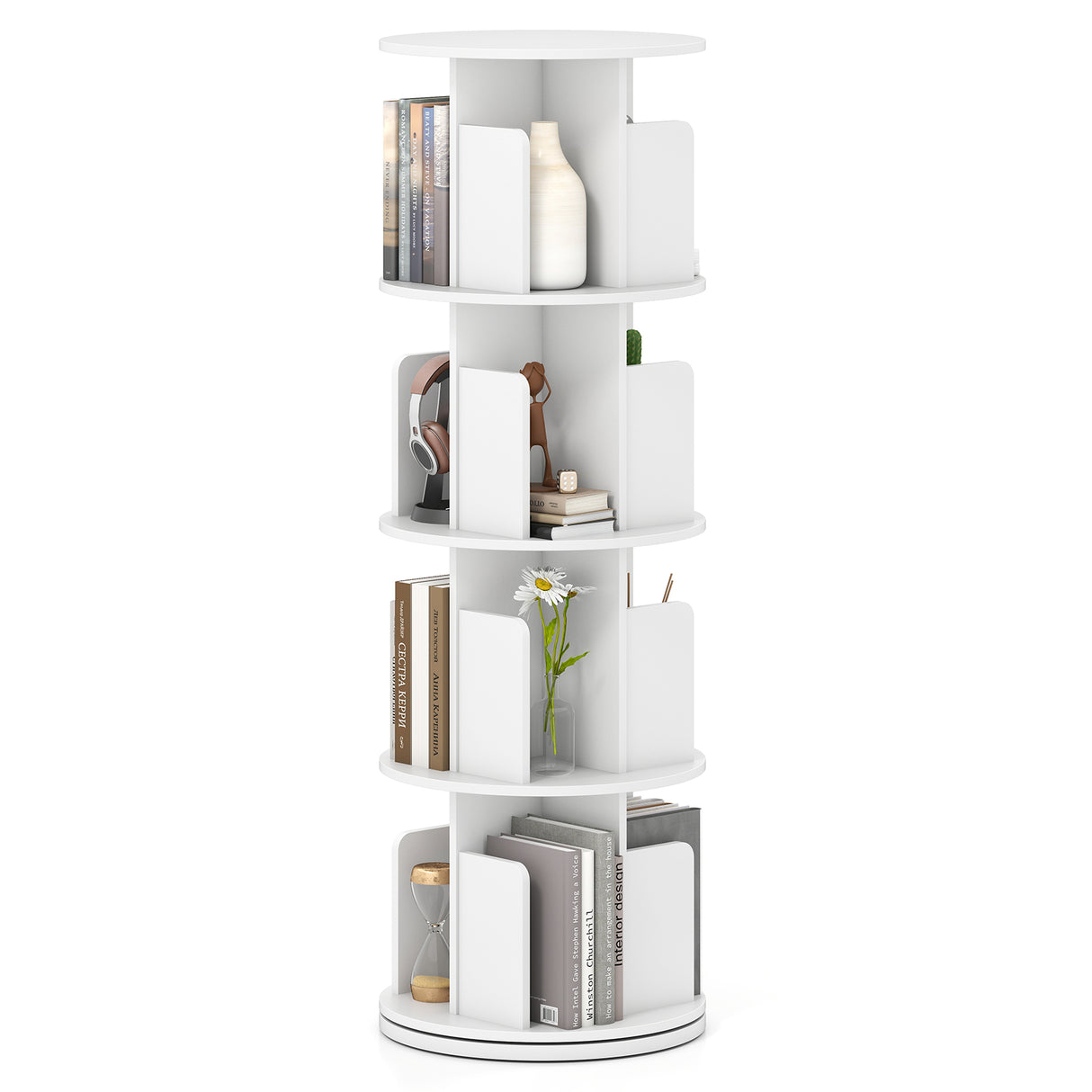 4-Tier Rotating Bookshelf 360 ° Display Rack with Dividers and Anti-falling Baffles-White