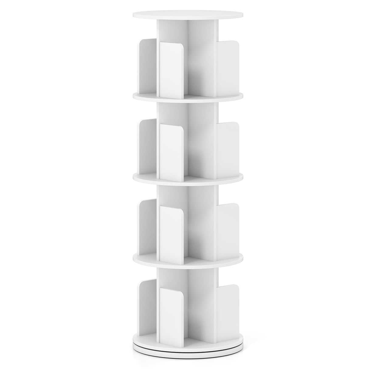 4-Tier Rotating Bookshelf 360 ° Display Rack with Dividers and Anti-falling Baffles-White