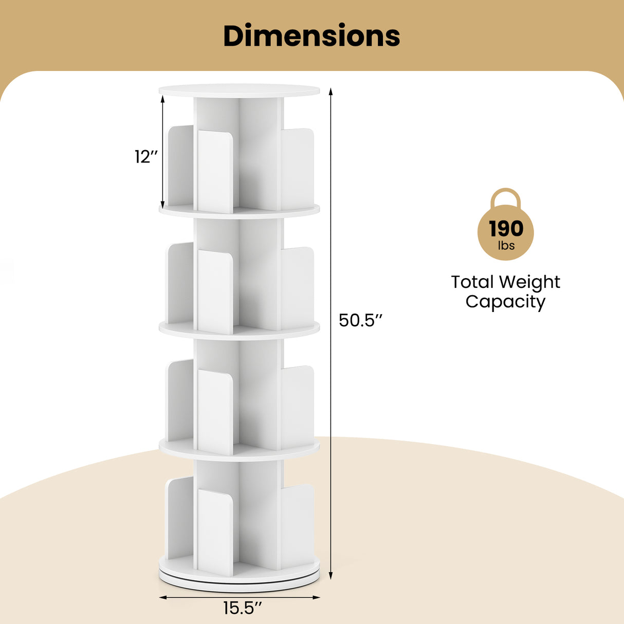 4-Tier Rotating Bookshelf 360 ° Display Rack with Dividers and Anti-falling Baffles-White