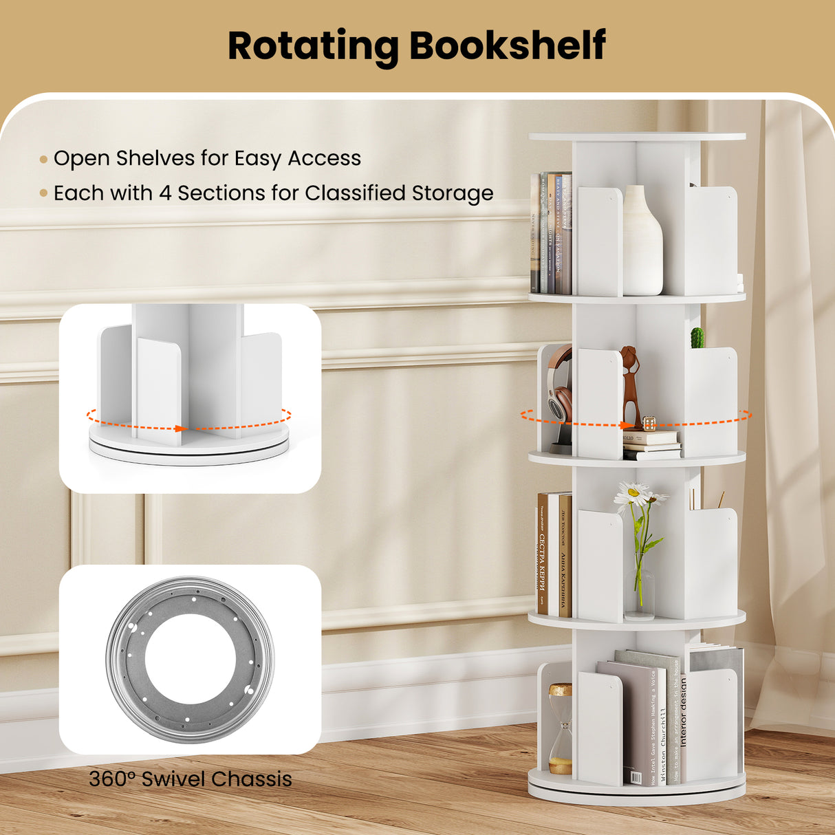 4-Tier Rotating Bookshelf 360 ° Display Rack with Dividers and Anti-falling Baffles-White