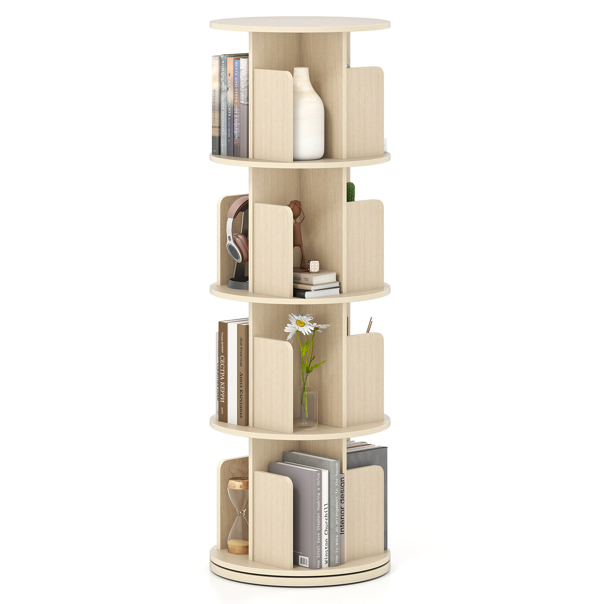 4-Tier Rotating Bookshelf 360 ° Display Rack with Dividers and Anti-falling Baffles-Natural