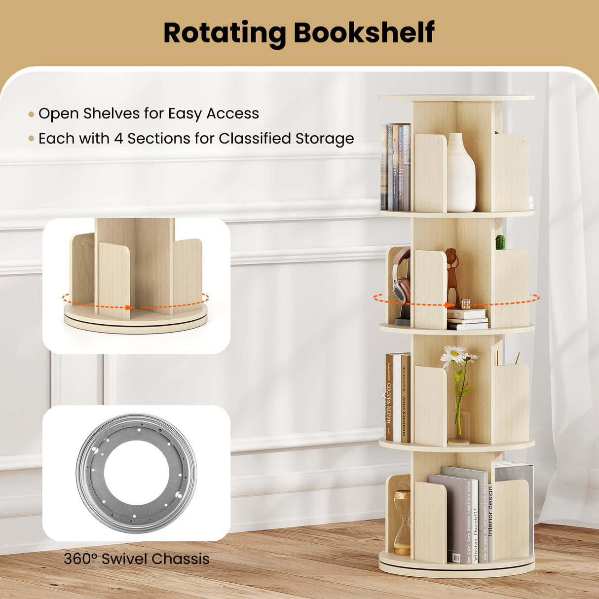 4-Tier Rotating Bookshelf 360 ° Display Rack with Dividers and Anti-falling Baffles-Natural