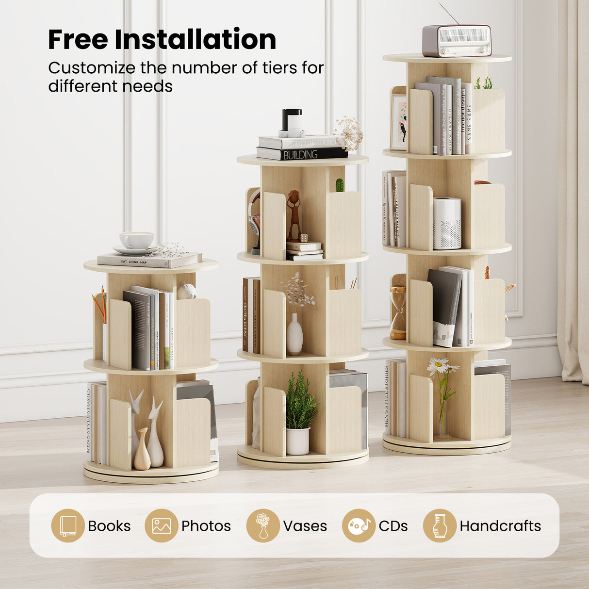 4-Tier Rotating Bookshelf 360 ° Display Rack with Dividers and Anti-falling Baffles-Natural