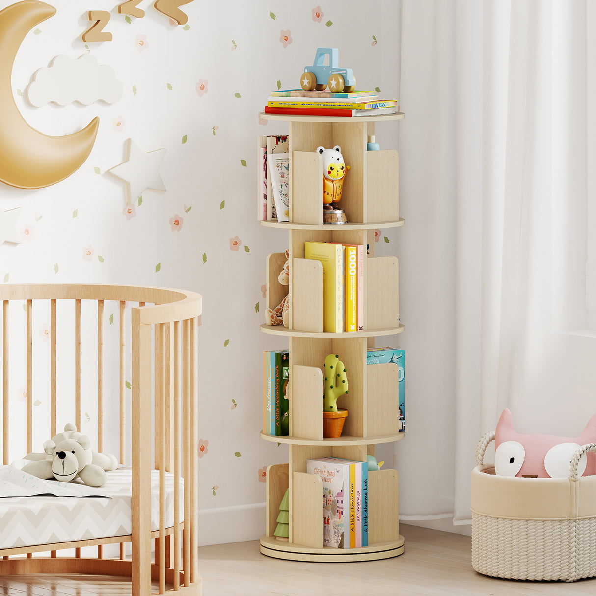 4-Tier Rotating Bookshelf 360 ° Display Rack with Dividers and Anti-falling Baffles-Natural