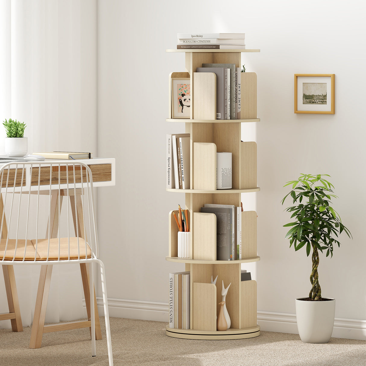 4-Tier Rotating Bookshelf 360 ° Display Rack with Dividers and Anti-falling Baffles-Natural