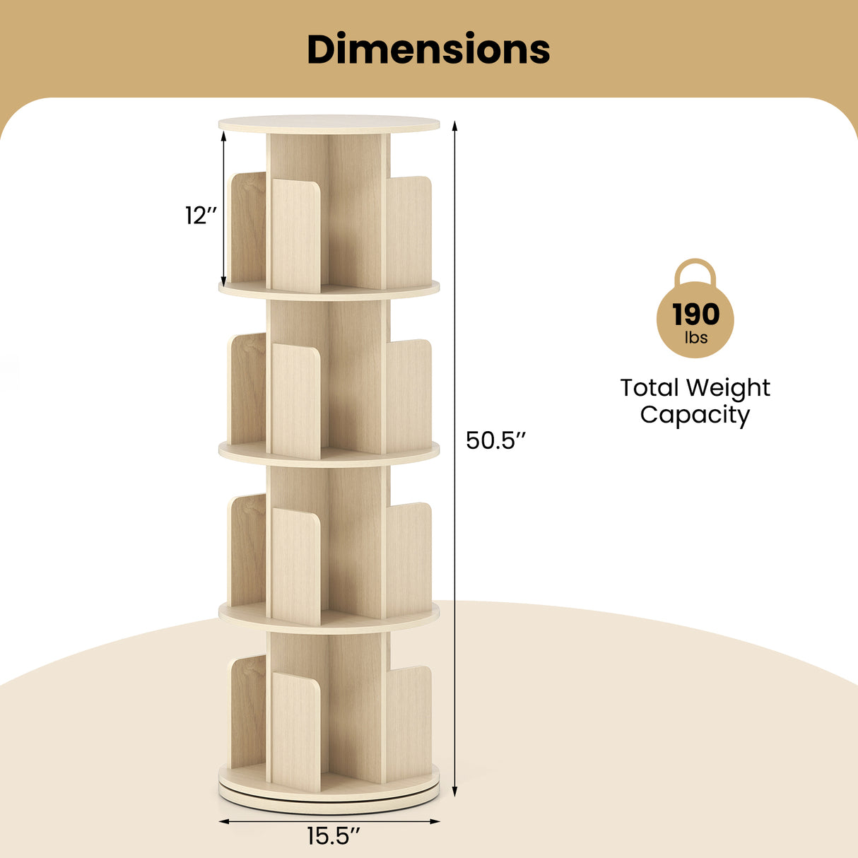 4-Tier Rotating Bookshelf 360 ° Display Rack with Dividers and Anti-falling Baffles-Natural