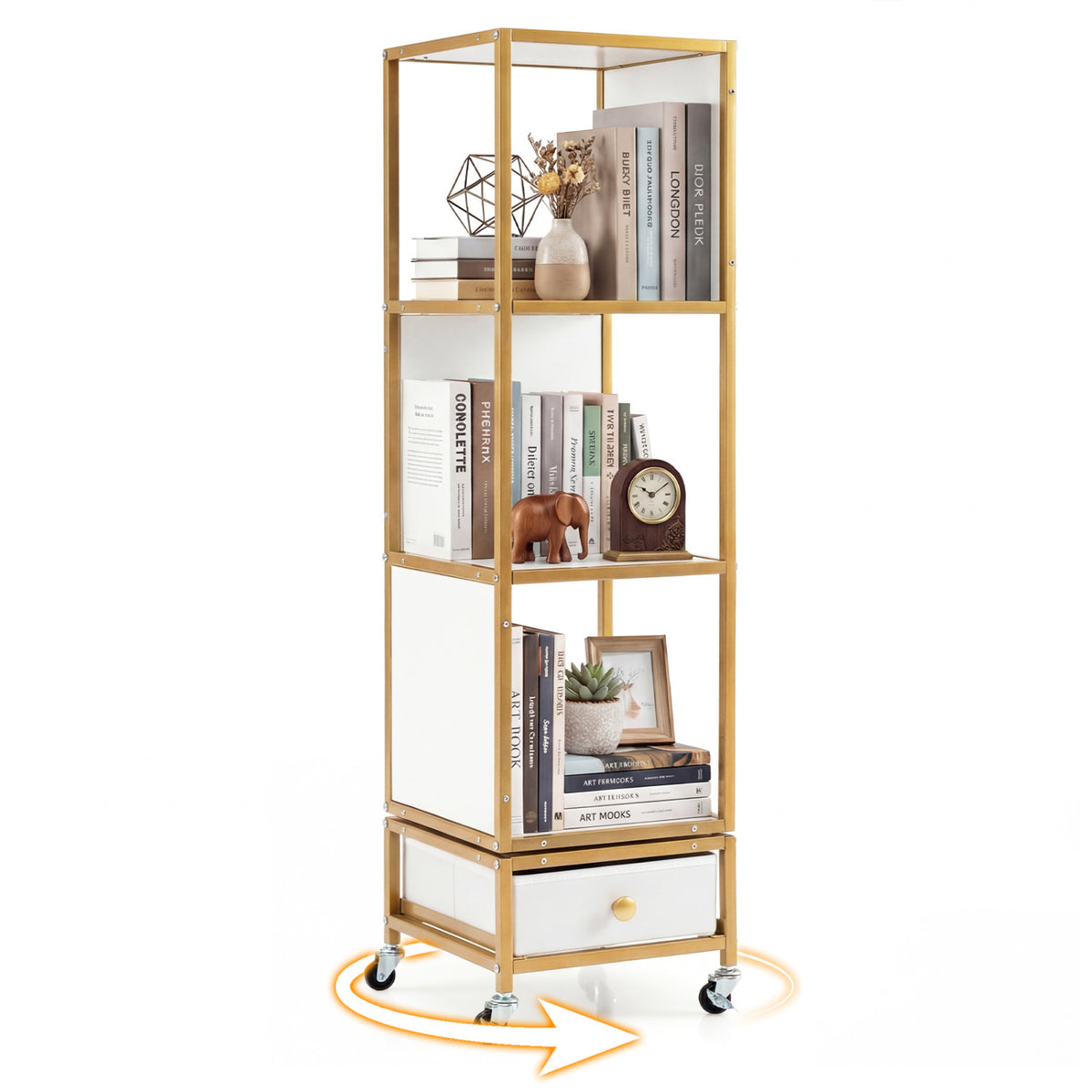 4-Tier Rotating Bookshelf on Wheels with Removable Drawer-White