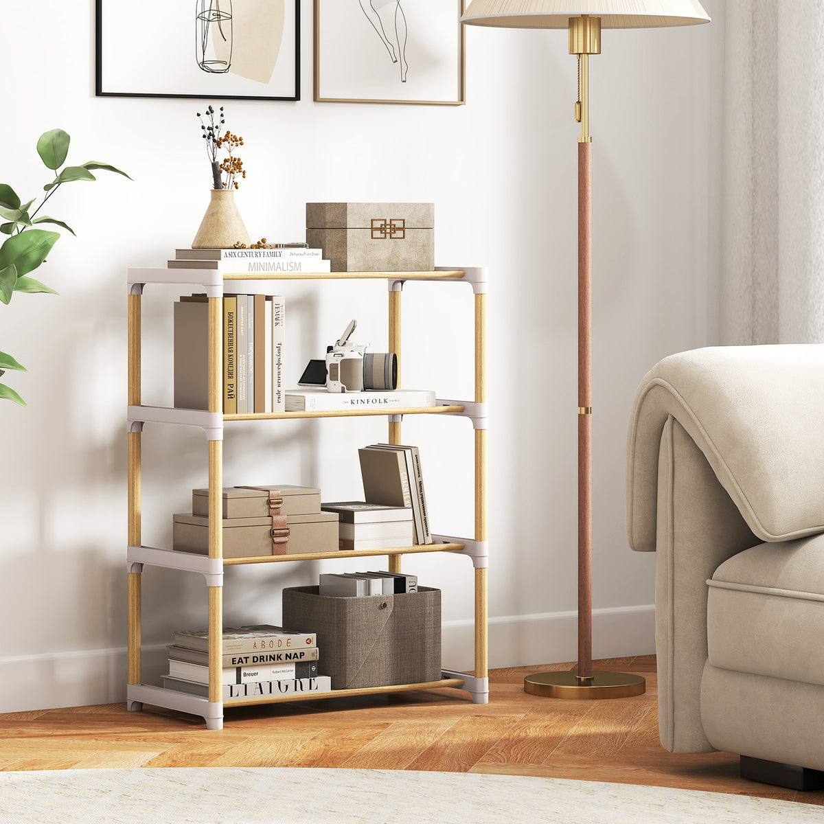4-Tier Solid Wood Shoe Rack with Slatted Open Shelves-Gray