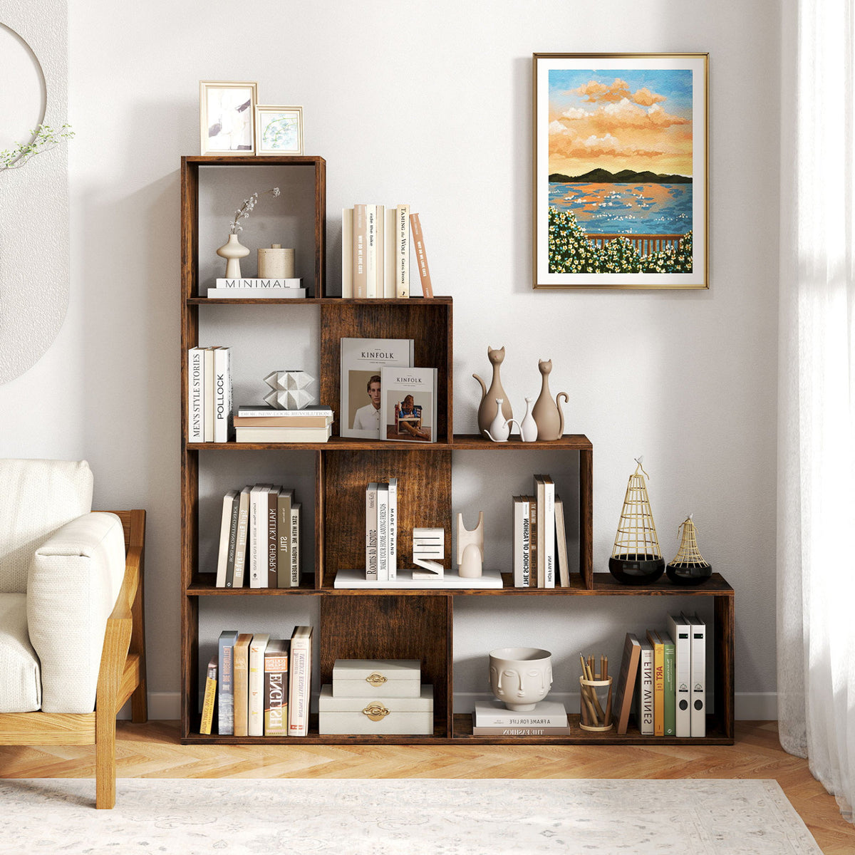 4-Tier Stepped Bookshelf Freestanding Ladder Storage Shelf with 6 Cubes-Rustic Brown