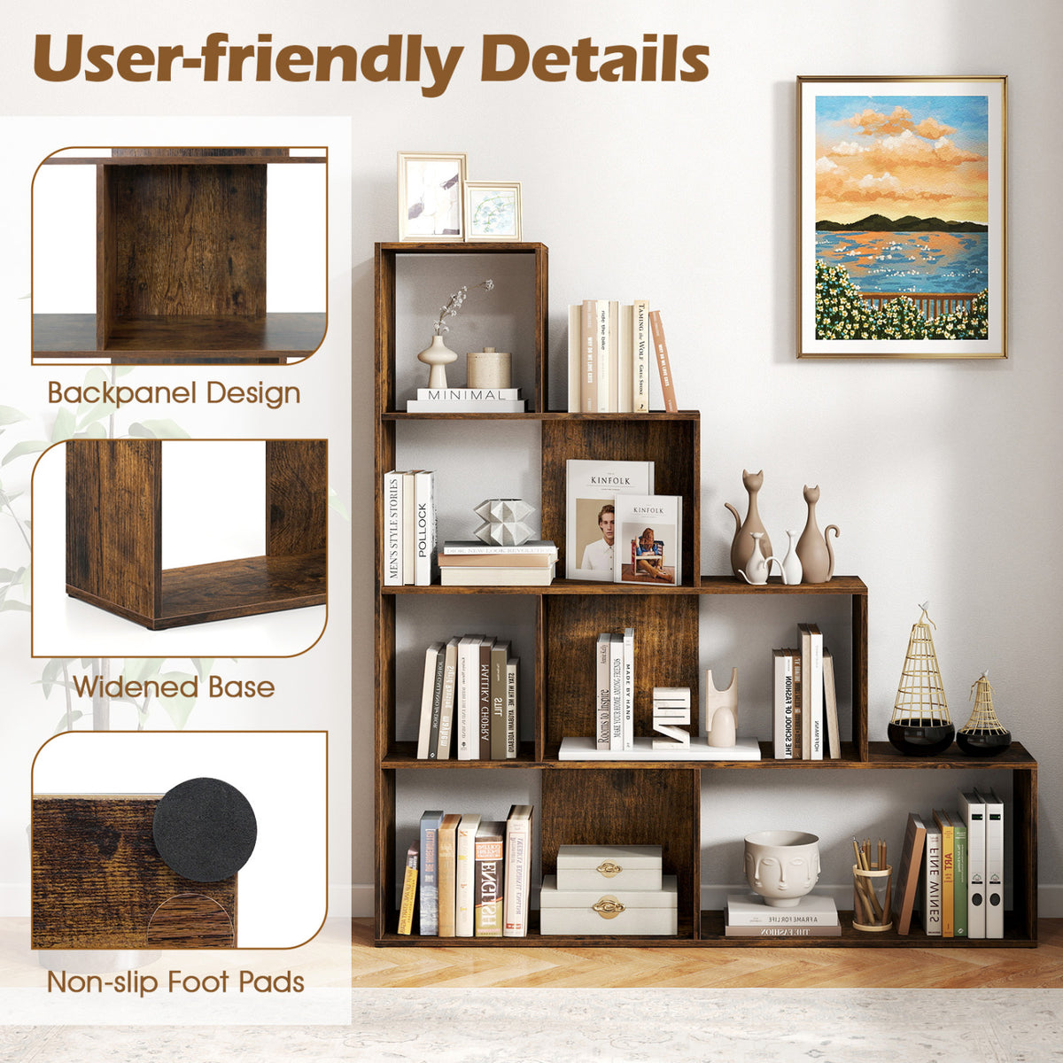 4-Tier Stepped Bookshelf Freestanding Ladder Storage Shelf with 6 Cubes-Rustic Brown
