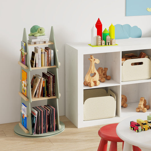 4 Tier Tree Shape Kids Rotating Bookshelf 360 ° Display Rack Storage Organizer-Green