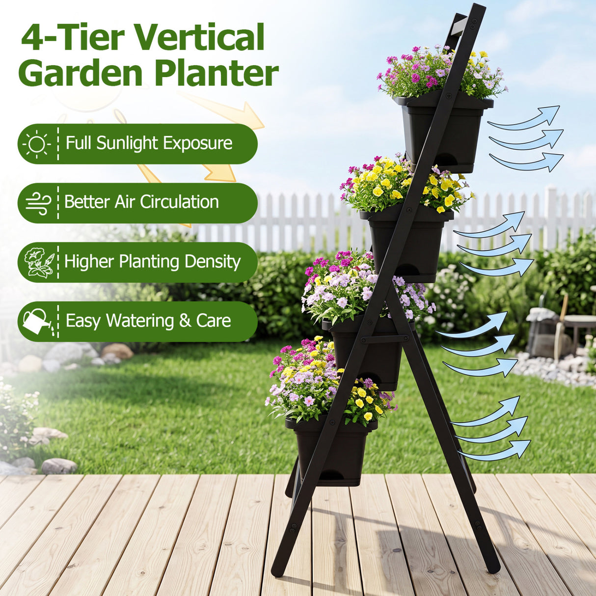 4-Tier Vertical Raised Garden Bed with 4 Containers and Drainage Holes-Black
