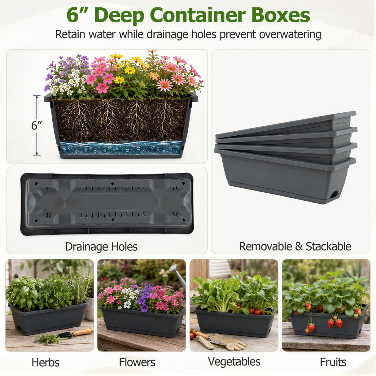 4-Tier Vertical Raised Garden Bed with 4 Containers and Drainage Holes-Black