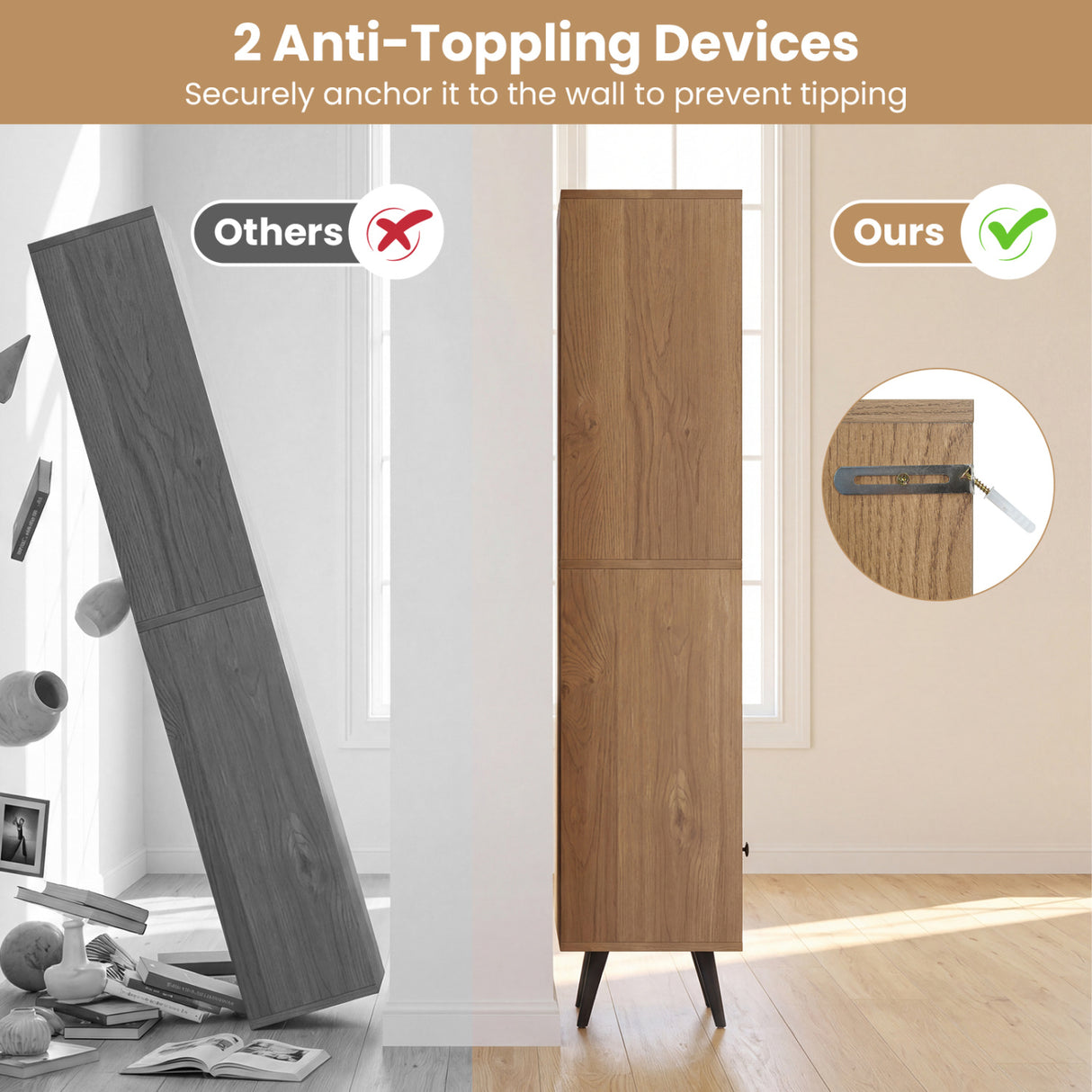 4 Tiers Rattan Storage Cabinet with Slim Design-Natural