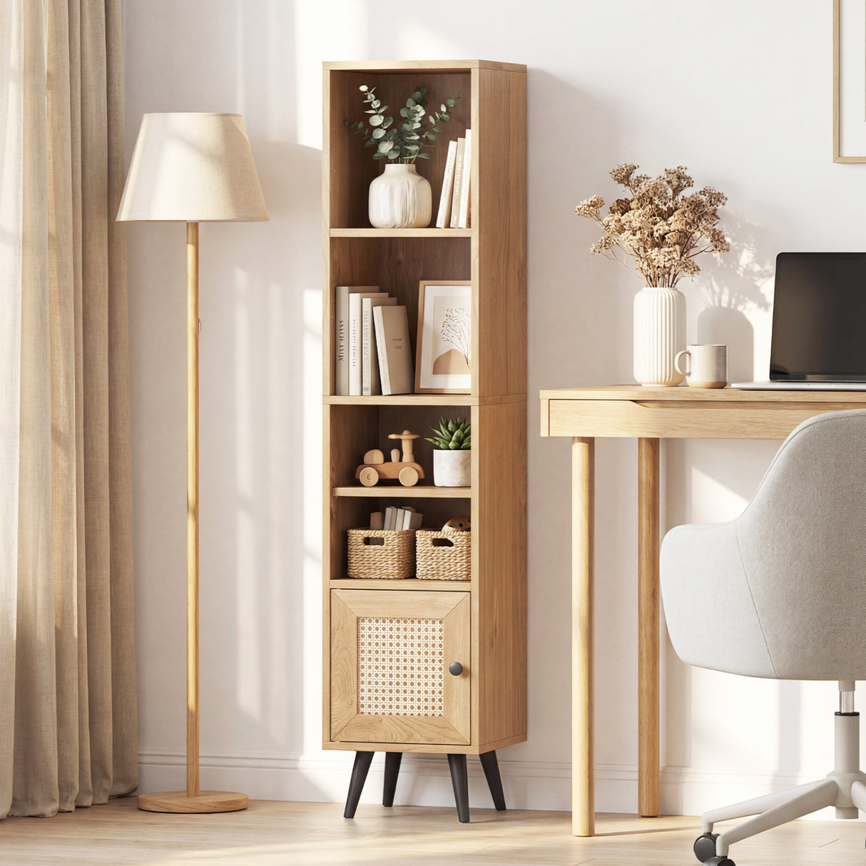 4 Tiers Rattan Storage Cabinet with Slim Design-Natural